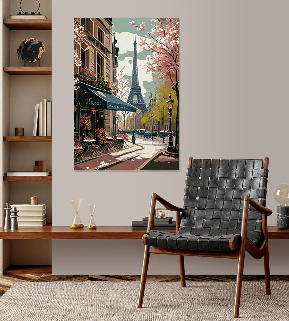 Painting of a street with a tower in the background Painting of a street with a tower in the background