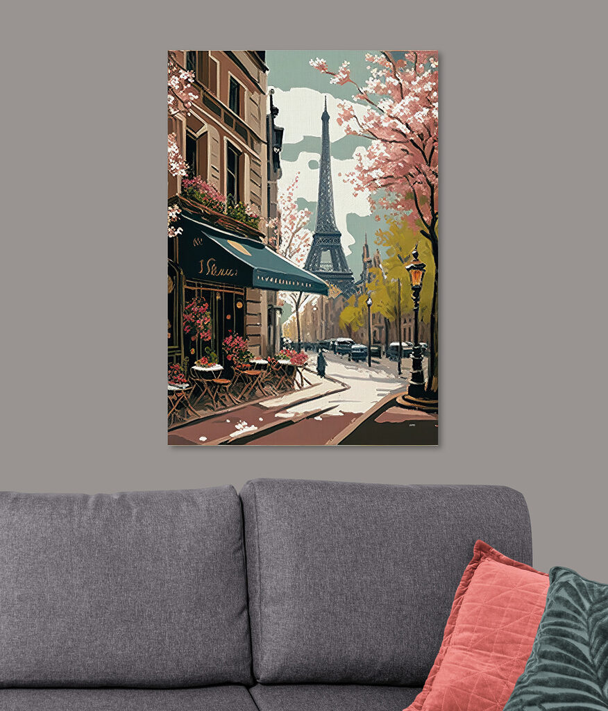 Painting of a street with a tower in the background Painting of a street with a tower in the background
