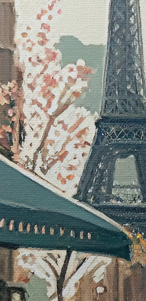 Painting of a street with a tower in the background Painting of a street with a tower in the background