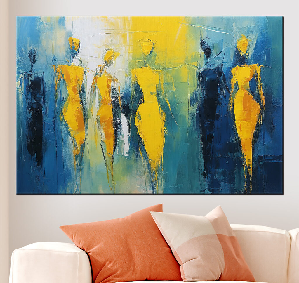 Painting of people in yellow and blue