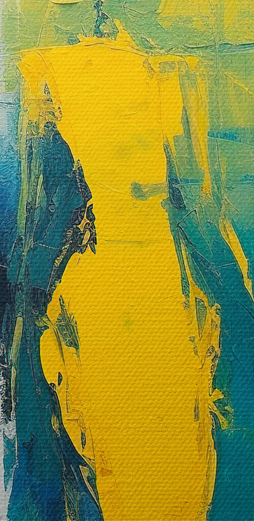 Painting of people in yellow and blue