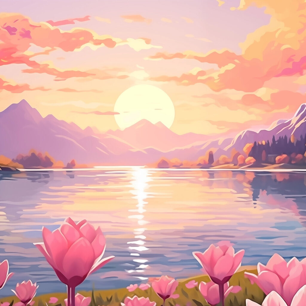 Pink flowers next to a lake