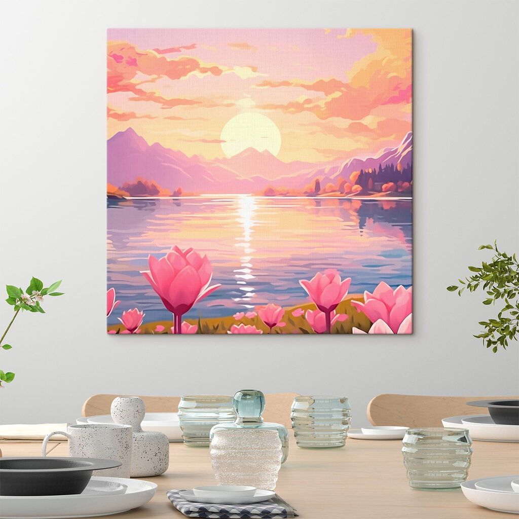 Pink flowers next to a lake