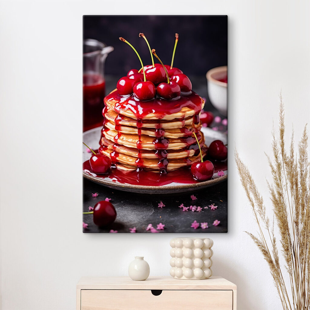 Stack of pancakes with cherry syrup on top