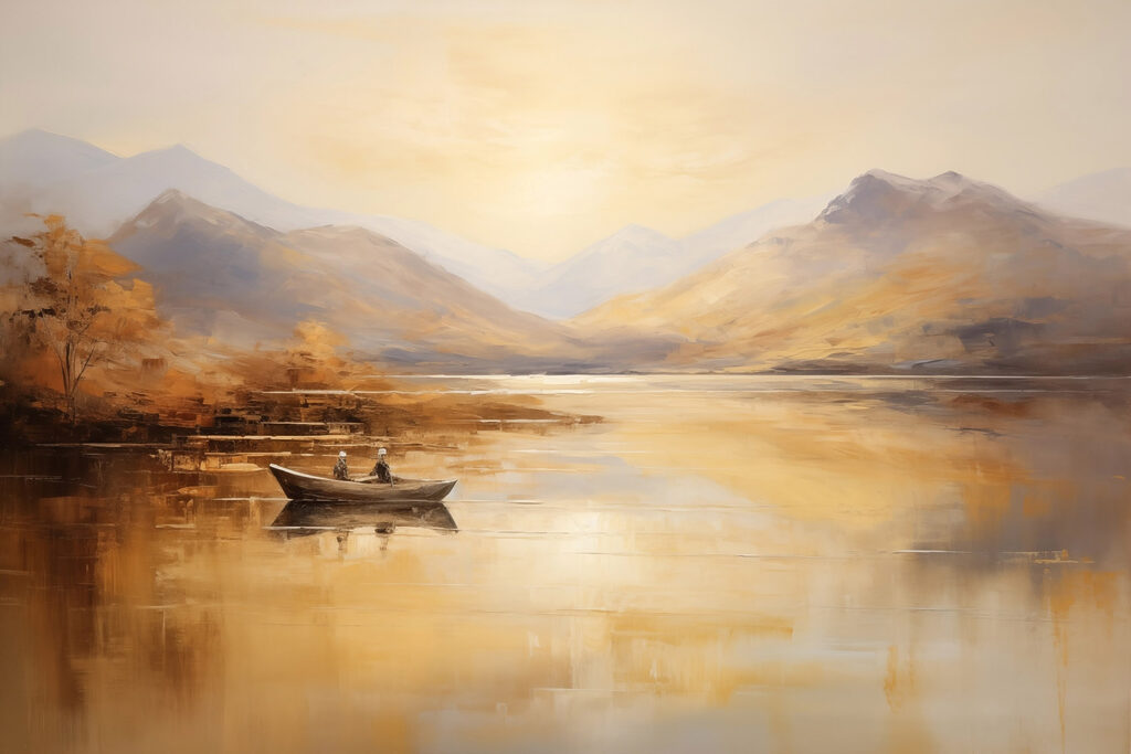 Painting of a boat on a lake with mountains in the background