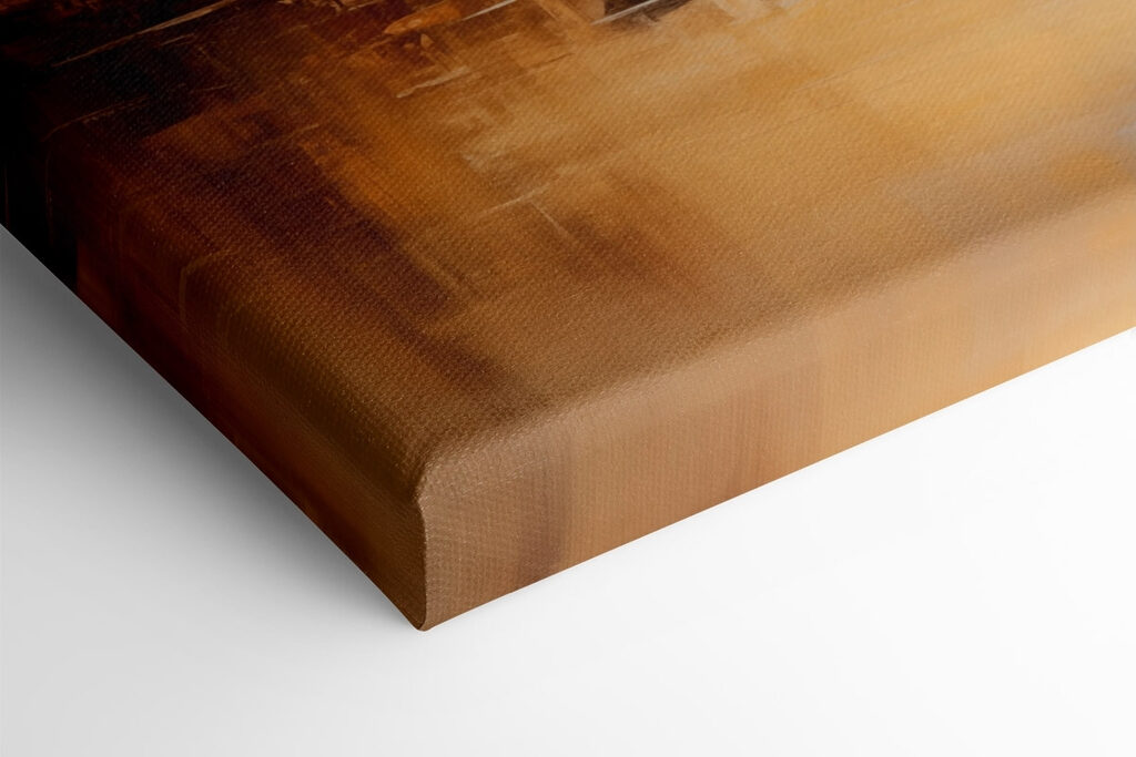 Painting of a boat on a lake with mountains in the background