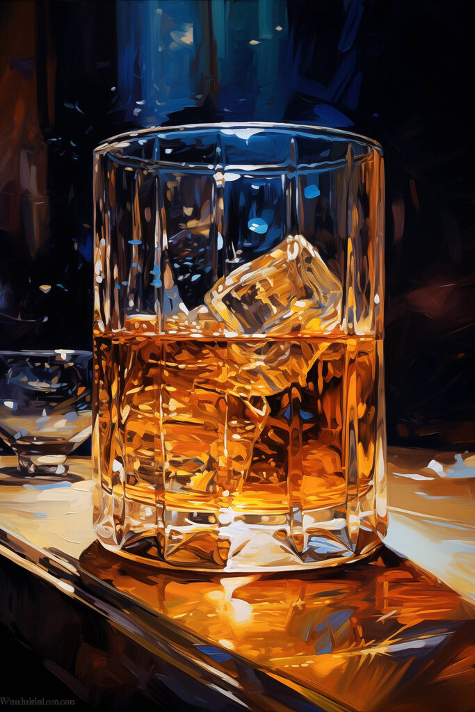 Glass of amber liquid with ice cubes