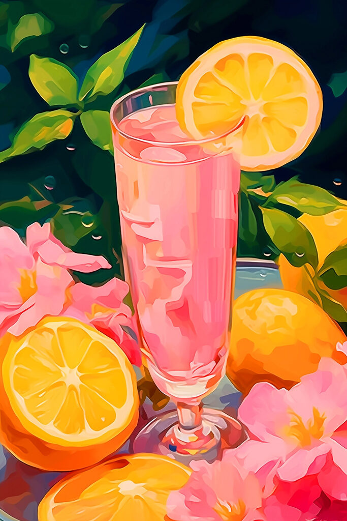 Glass of pink liquid with lemons and flowers