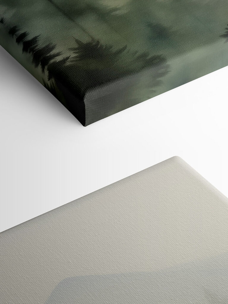 Foggy forest with trees and a mountain in the background