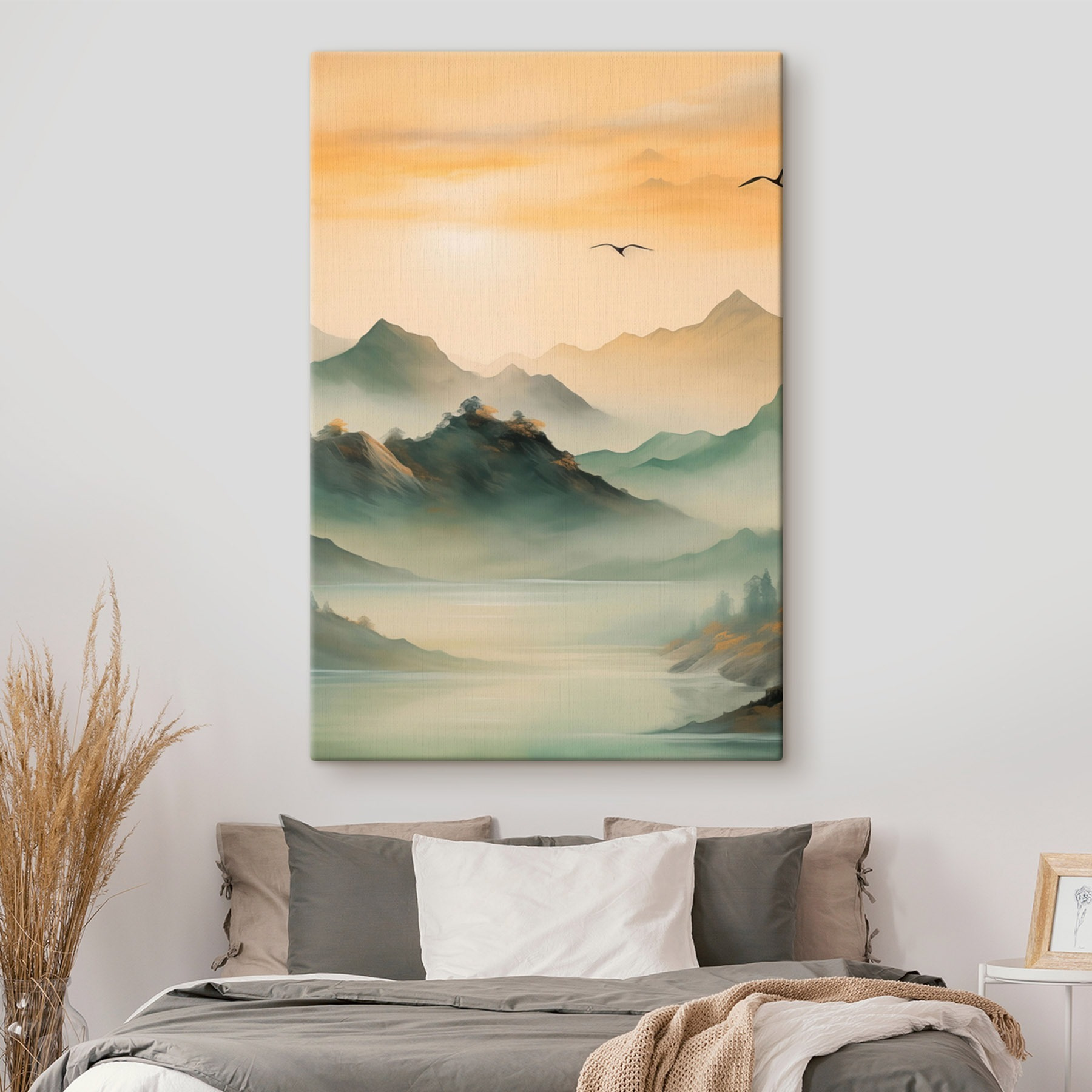 Birds flying over mountains