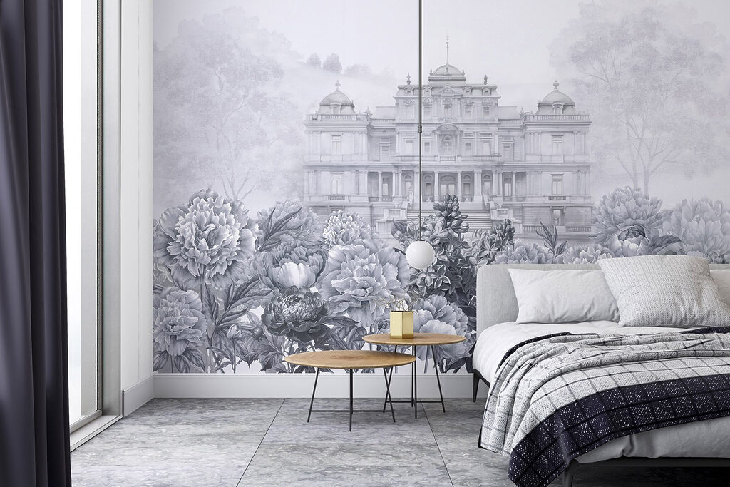 Large white building with flowers