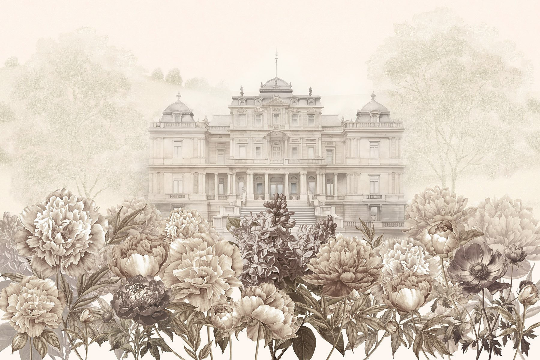 Large white building with flowers