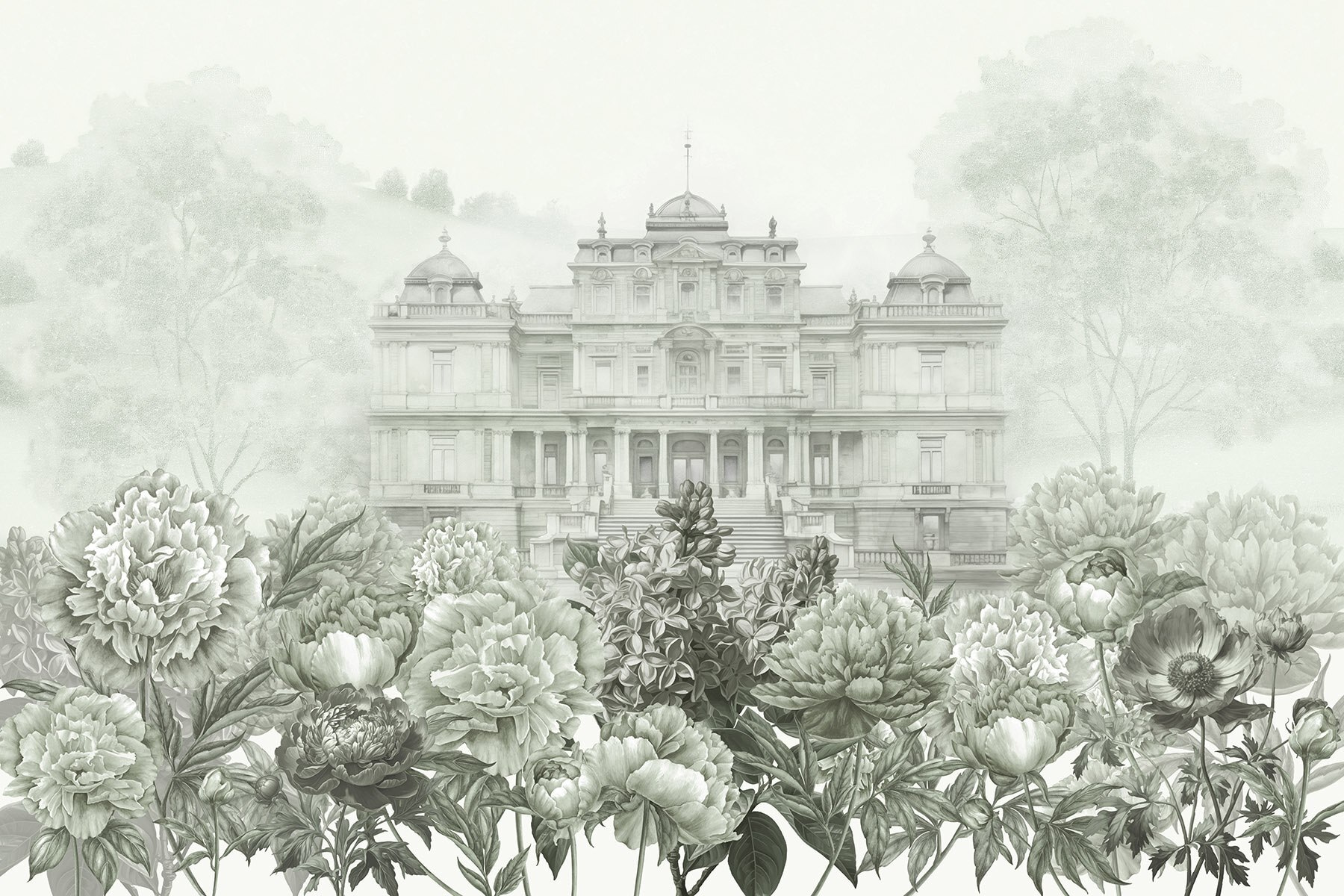 Large white building with flowers