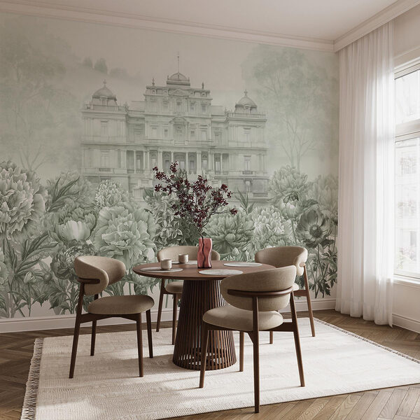 Large white building with flowers