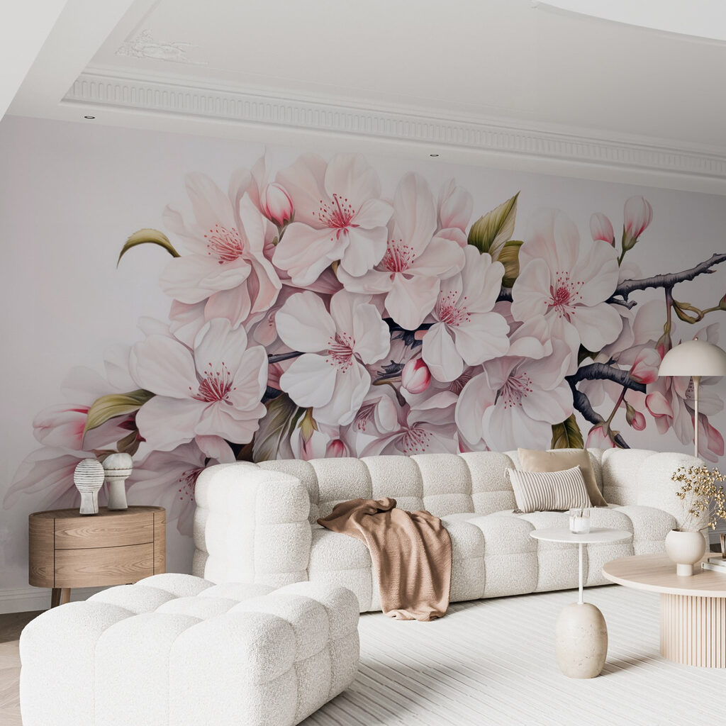 Painting of white flowers on a branch