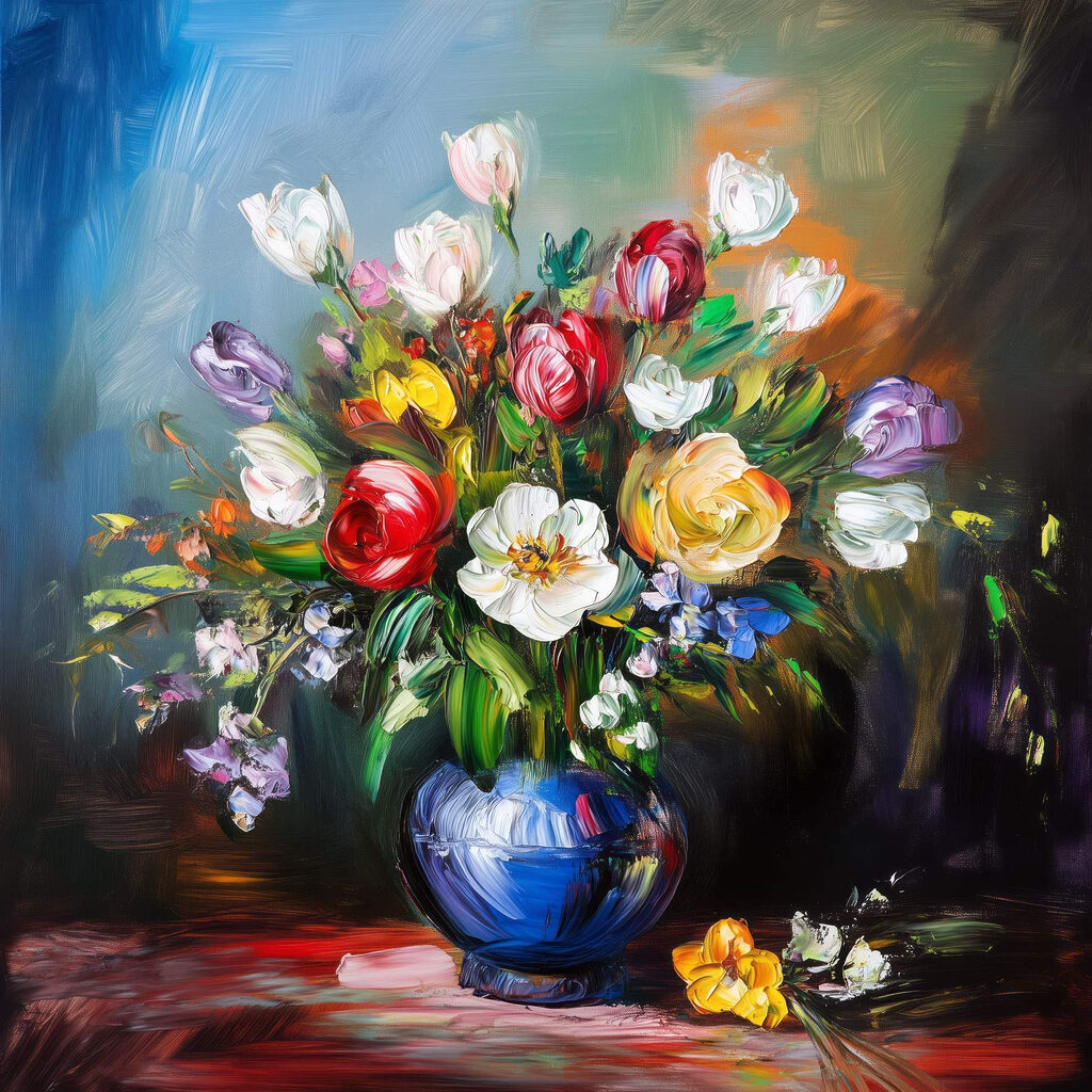 Painting of flowers in a blue vase