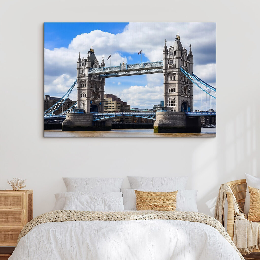 Bridge over water with towers and flags