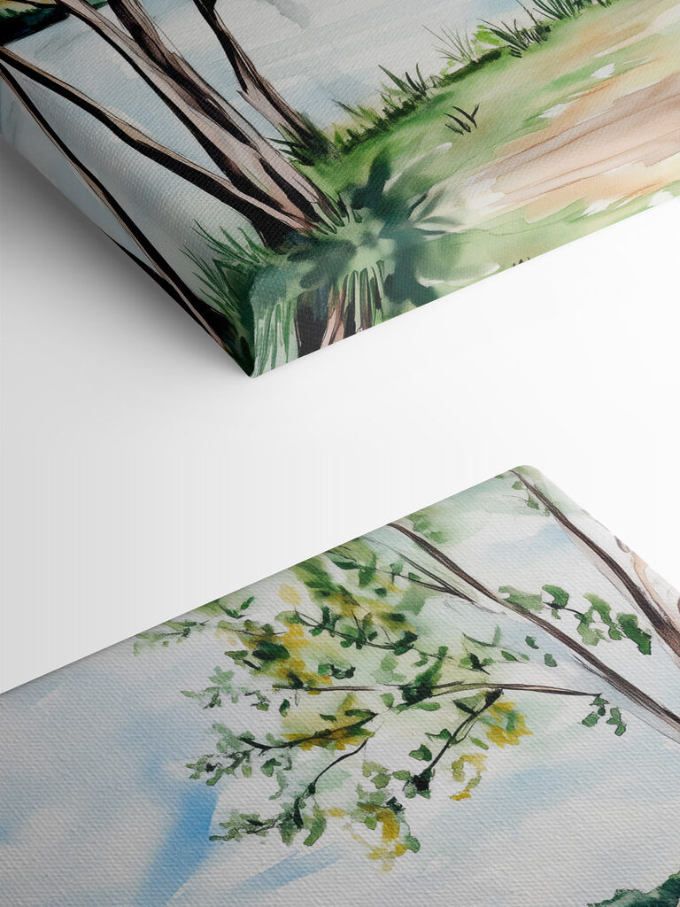 Watercolor of a lake with trees and grass