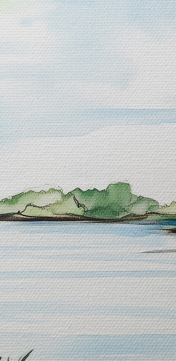 Acuarelă a unui lac cu copaci și iarbă Acuarelă a unui lac cu copaci și iarbă