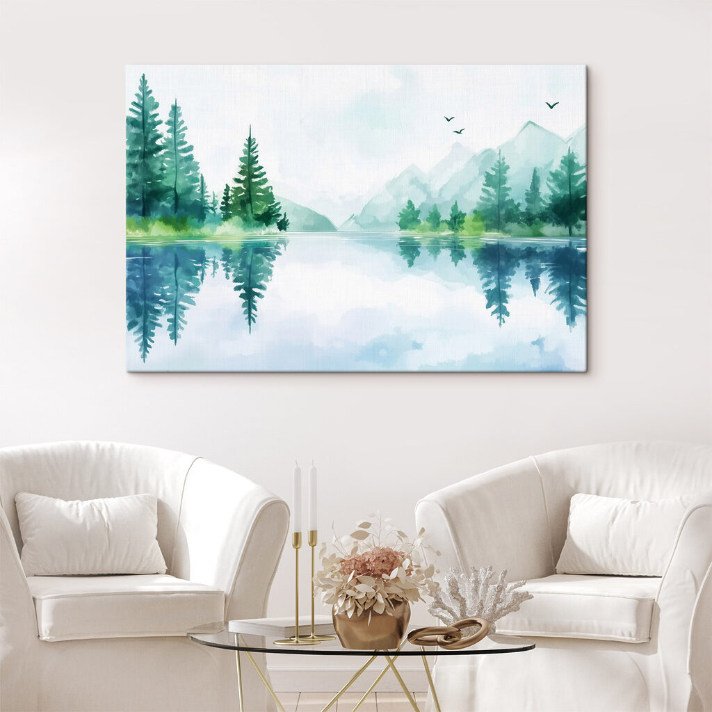 Water with trees and mountains in the background