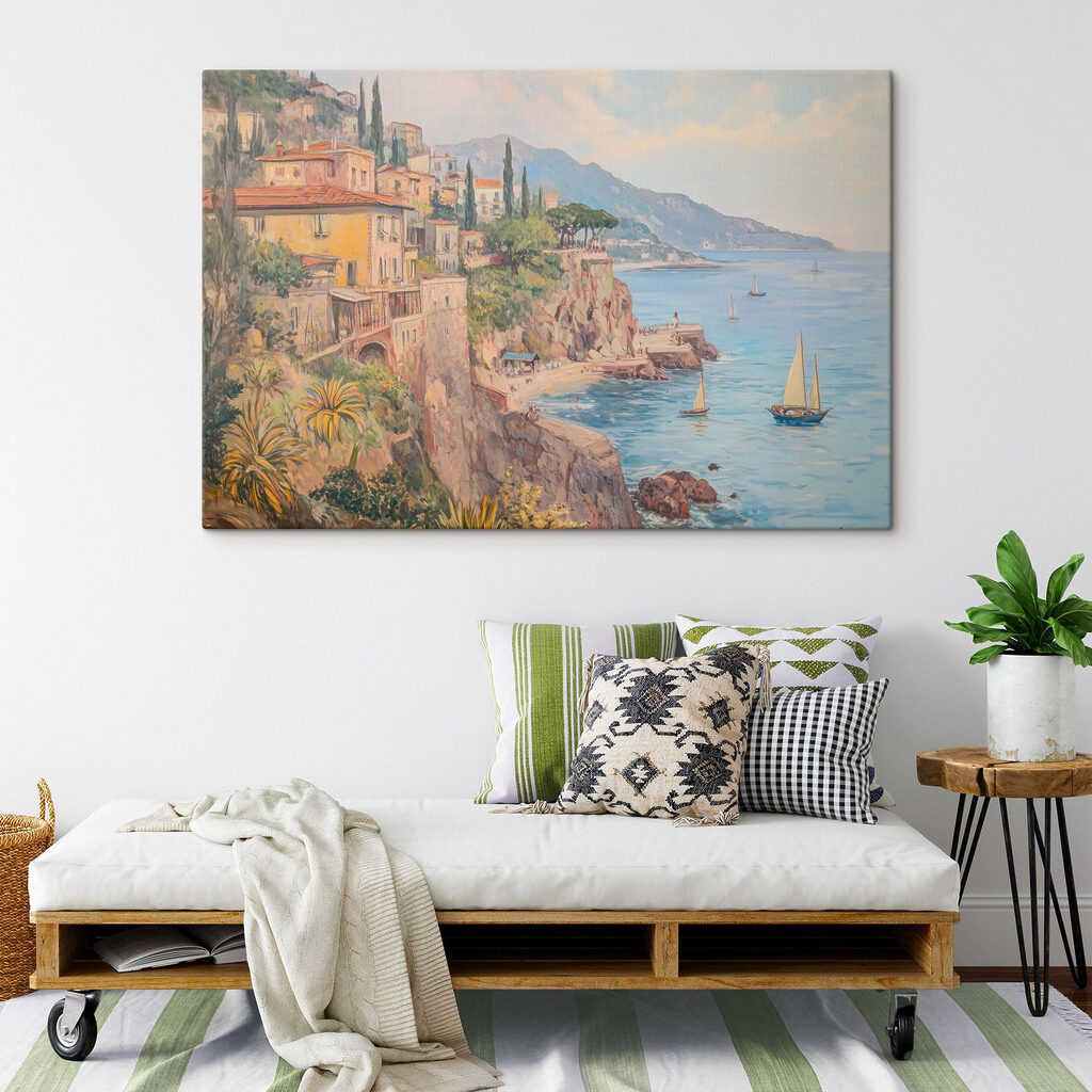 Painting of a town on a cliff by the water