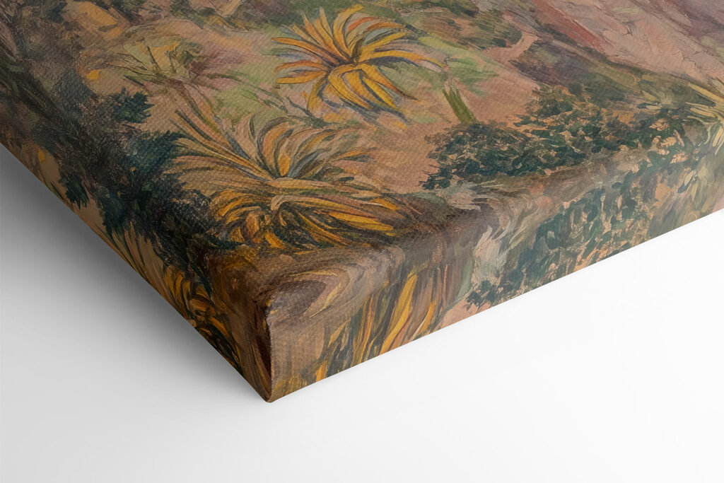 Painting of a town on a cliff by the water