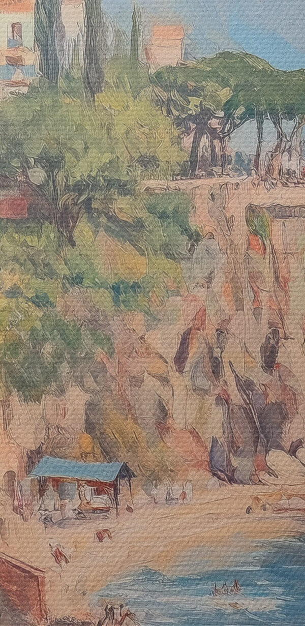 Pictură a unui oraș pe o stâncă lângă apă Pictură a unui oraș pe o stâncă lângă apă