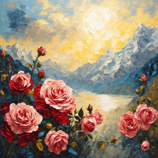 Pictură de flori și munți Pictură de flori și munți