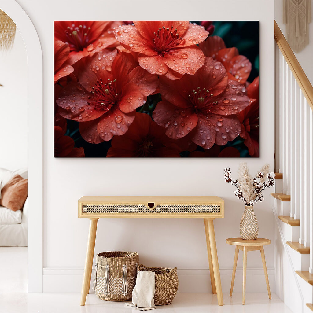 Group of red flowers with water droplets