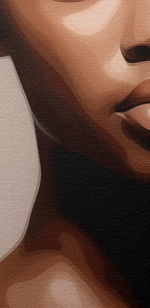 Woman with dark hair and a white tank top