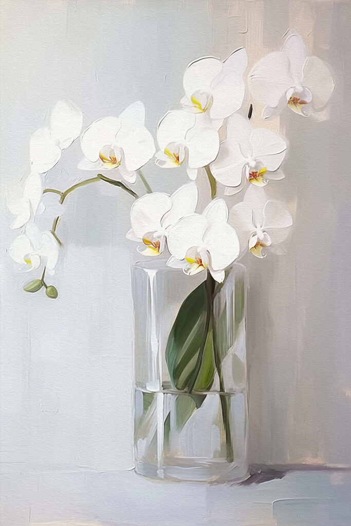 Painting of a white orchid in a glass vase