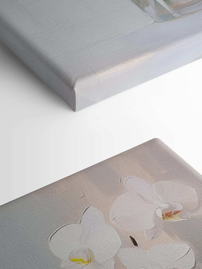 Painting of a white orchid in a glass vase