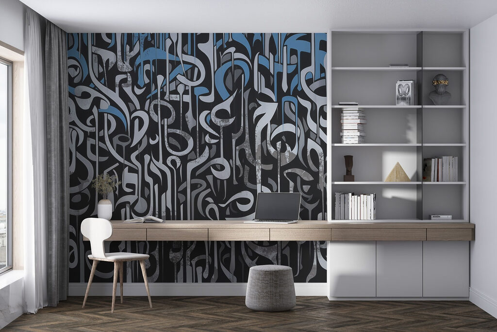 Black and white art with blue and white lines