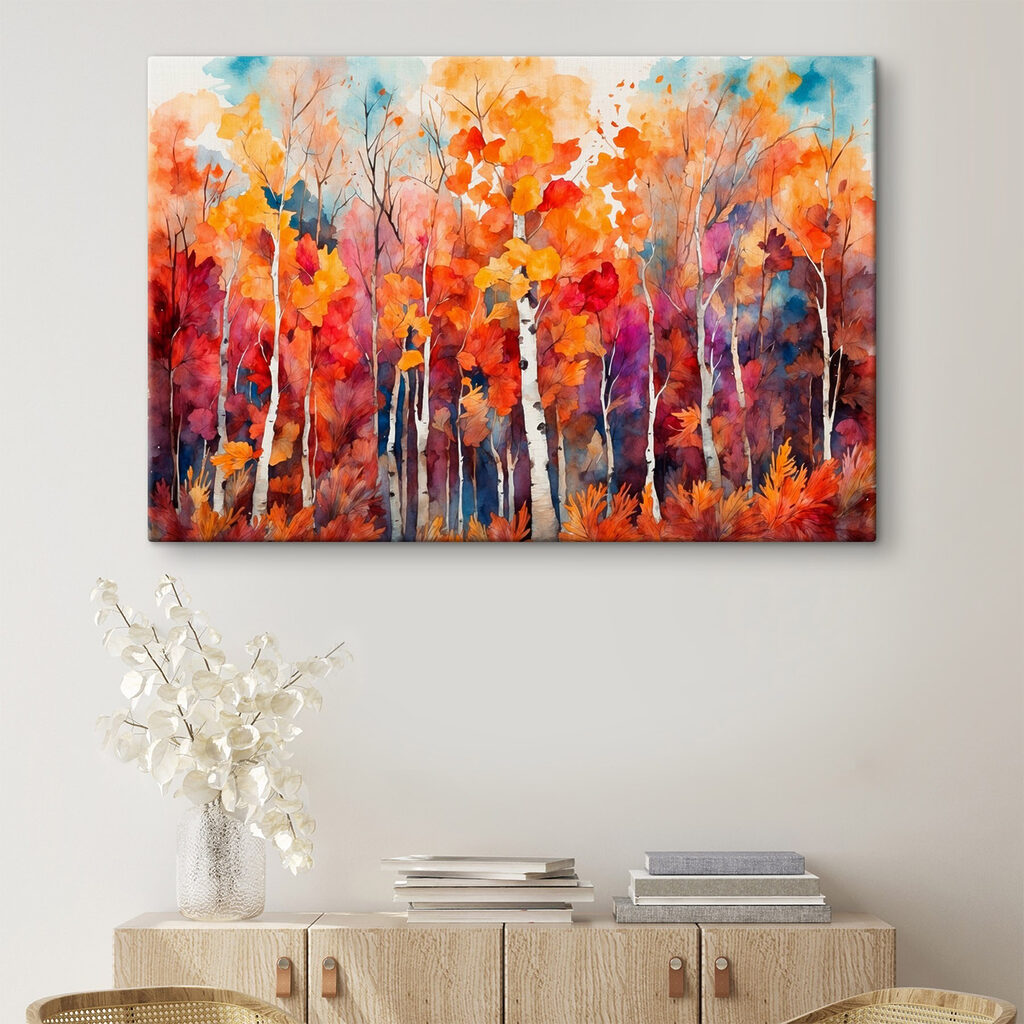 Watercolor painting of trees with orange and purple leaves