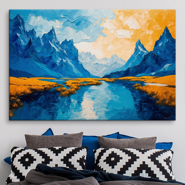 Pictura unui râu cu munți și iarbă Pictura unui râu cu munți și iarbă