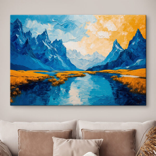 Pictura unui râu cu munți și iarbă Pictura unui râu cu munți și iarbă