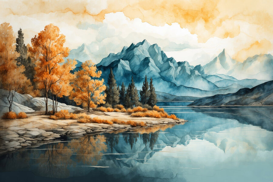 Pictura acuarelă a unui lac cu copaci și munți Pictura acuarelă a unui lac cu copaci și munți