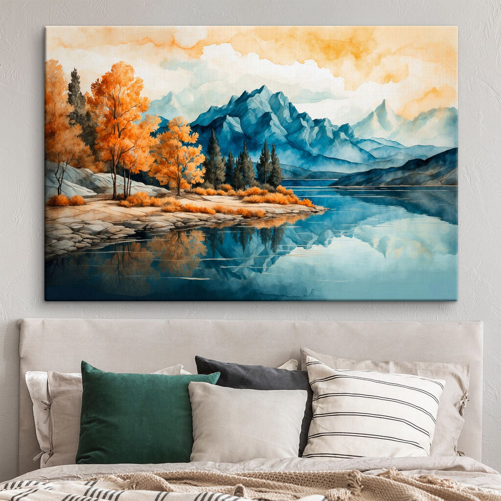 Watercolor painting of a lake with trees and mountains