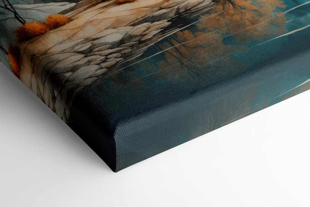 Watercolor painting of a lake with trees and mountains