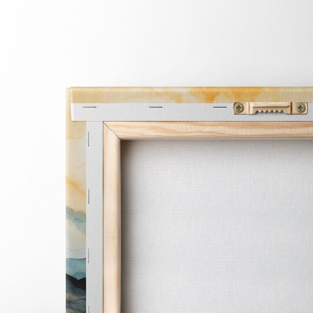 Watercolor painting of a lake with trees and mountains