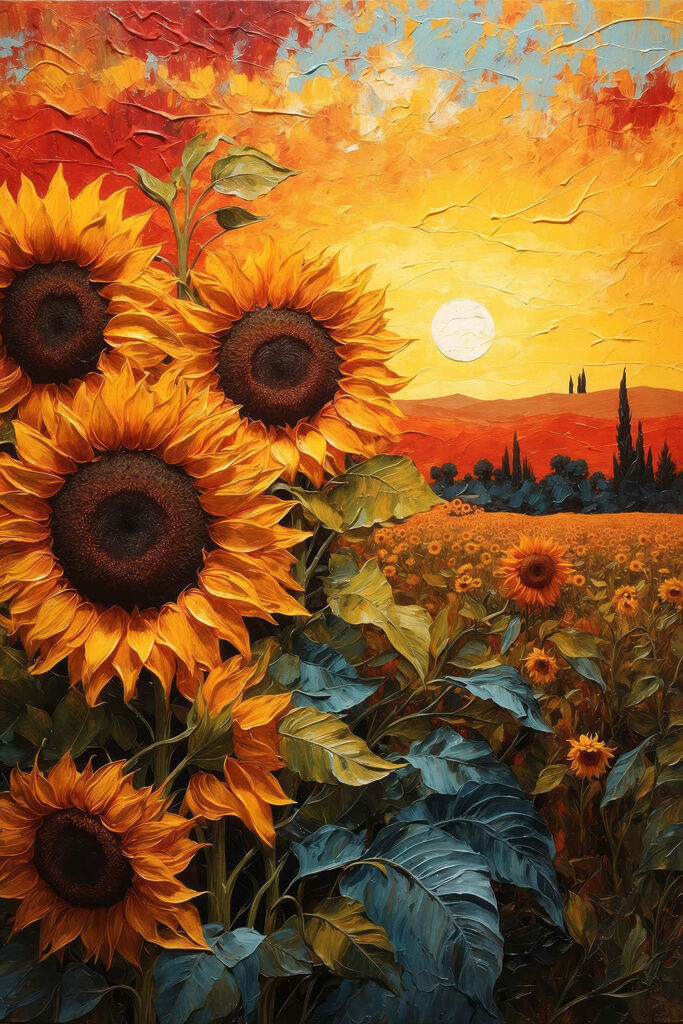 Painting of sunflowers in a field