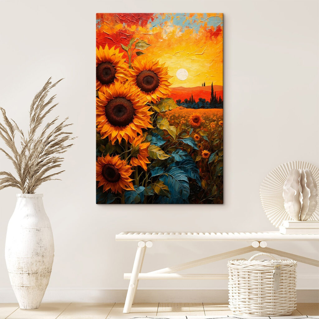 Painting of sunflowers in a field