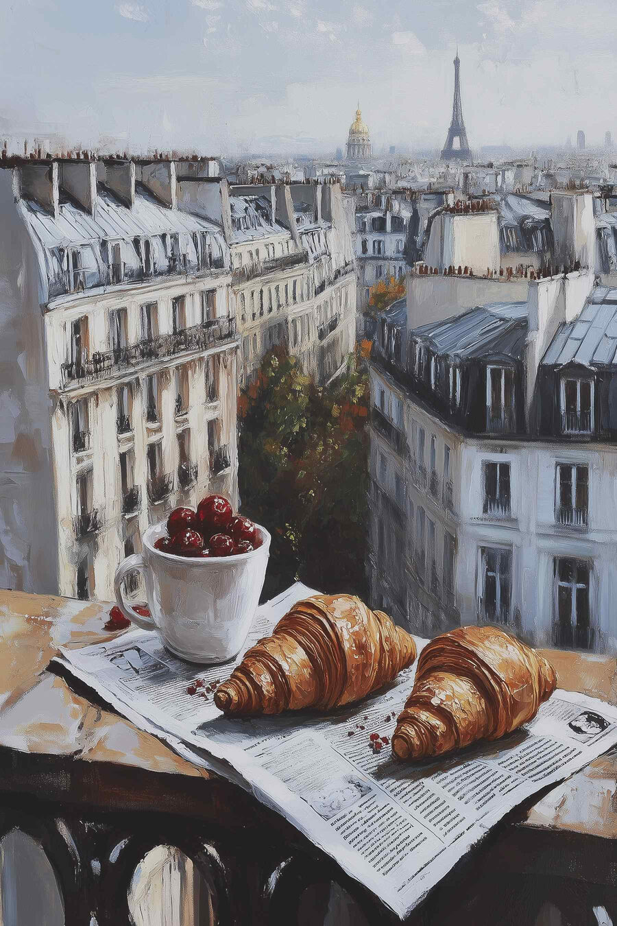 Ceașcă de cafea și croissante pe o masă cu clădiri în fundal