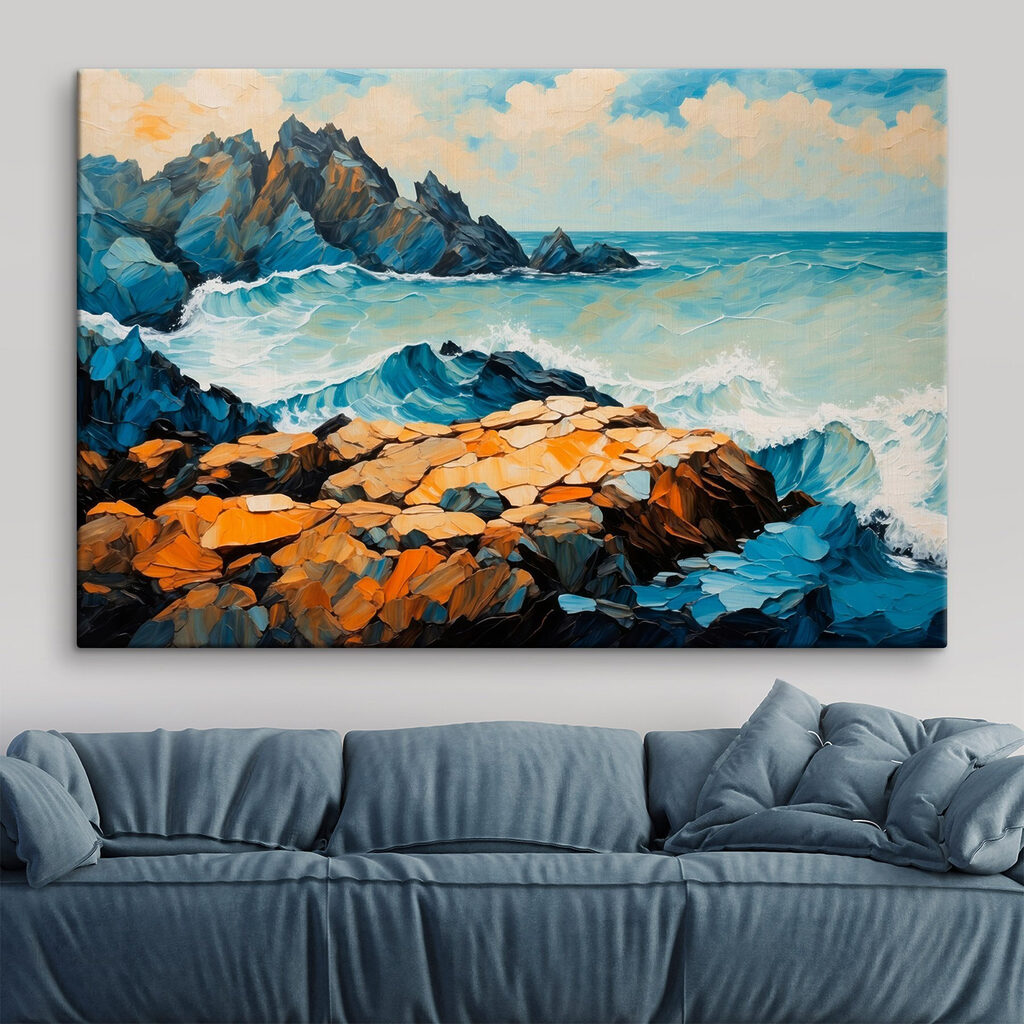 Painting of waves crashing on rocks