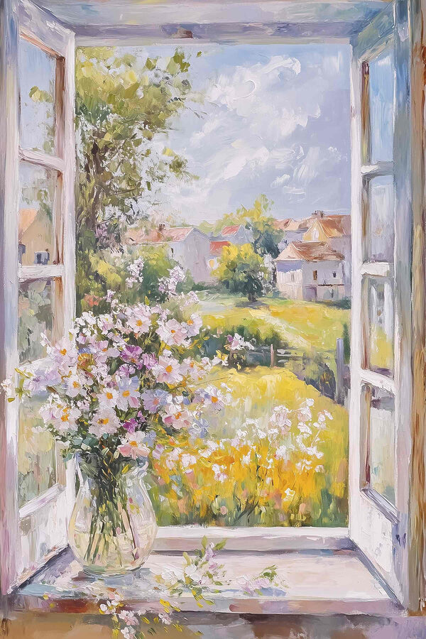 Pictura unei ferestre cu flori în ea Pictura unei ferestre cu flori în ea