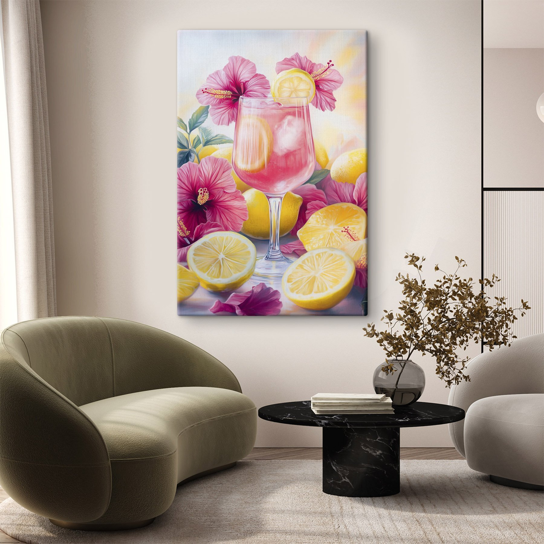 Glass of pink drink with lemons and flowers