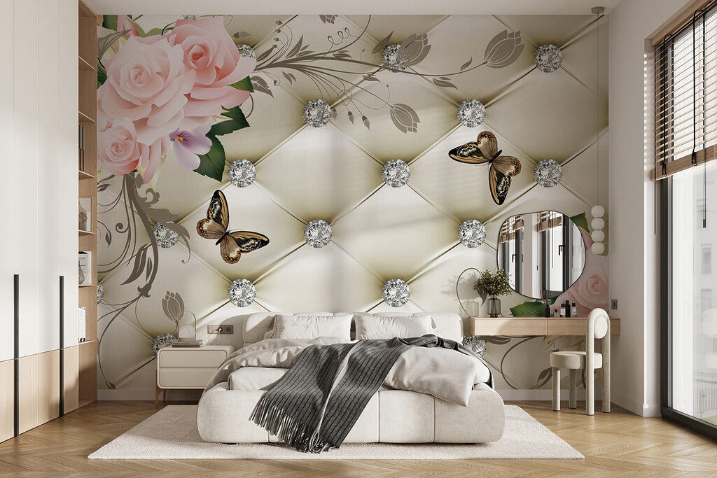 Wallpaper with flowers and butterflies