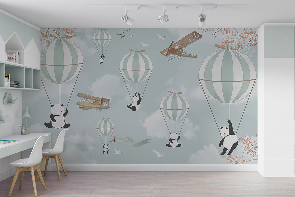 Pandas and hot air balloons in the sky