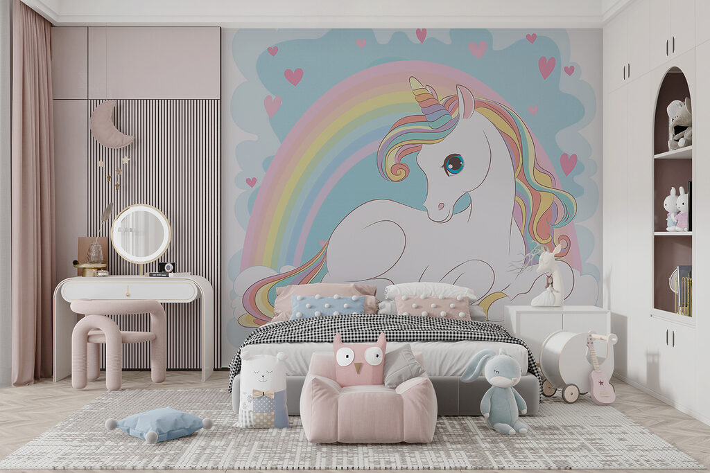 Unicorn sitting on a cloud with rainbow and hearts