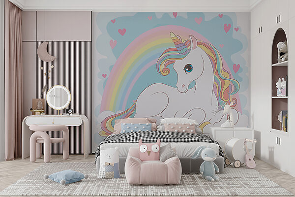 Unicorn stând pe un nor cu curcubeu și inimi Unicorn stând pe un nor cu curcubeu și inimi